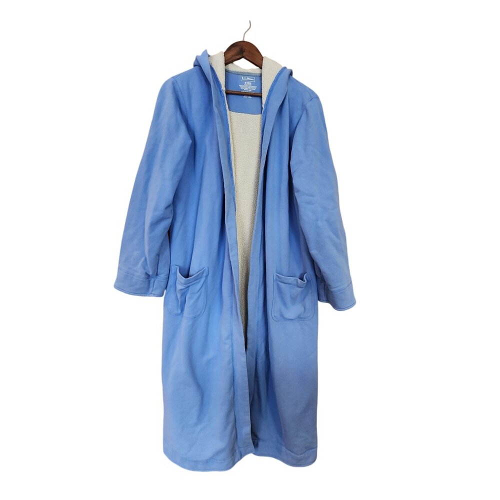L.L.Bean Womens Blue Hooded Long Coat M Reg Cotton/Polyester With Fleece Lining